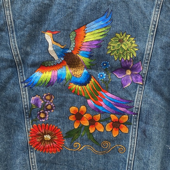 Lucky Brand Tomboy Trucker Jean Jacket Medium Hand Painted Bird Crane Flowers - Picture 4 of 15